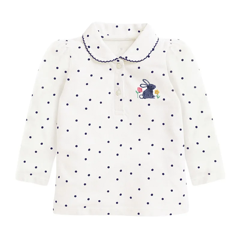 

2021 г. Осенняя одежда для детей Брендовая детская повседневная хлопковая футболка в горошек с аппликацией в виде кролика для маленьких девоч...