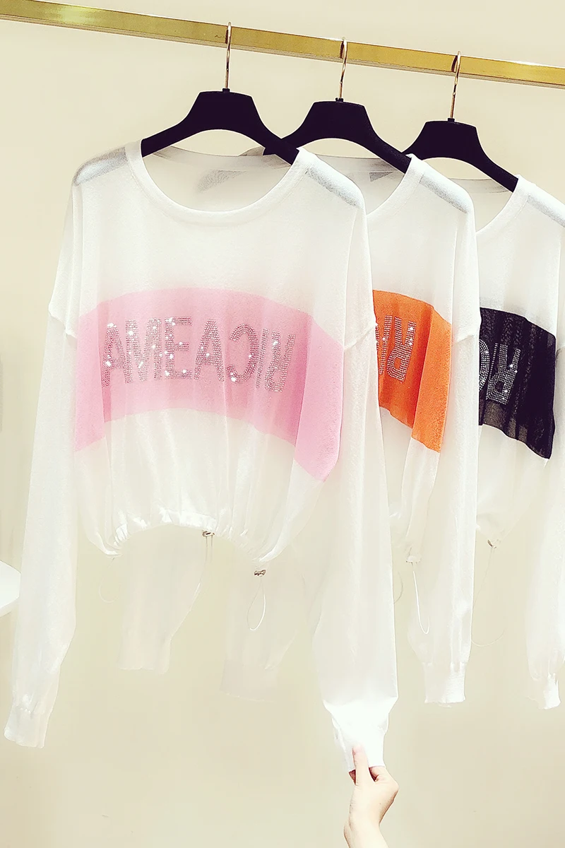 Cute Thin Knitted Sun Protection Shirt Women's Long Sleeved Summer T Shirt Female Short Letter Rhinestone Outerwear Tops
Cute Thin Knitted Sun Protection Shirt Women's Long Sleeved Summer T Shirt Female Short Letter Rhinestone Outerwear Tops