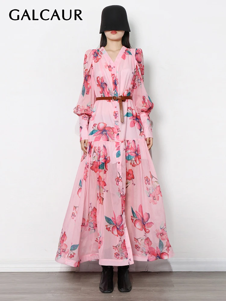 

GALCAUR Korean Vintage Print Colorblock Dress For Women V Neck Loose Lantern Sleeve High Waist Midi Dresses Female 2022 Spring