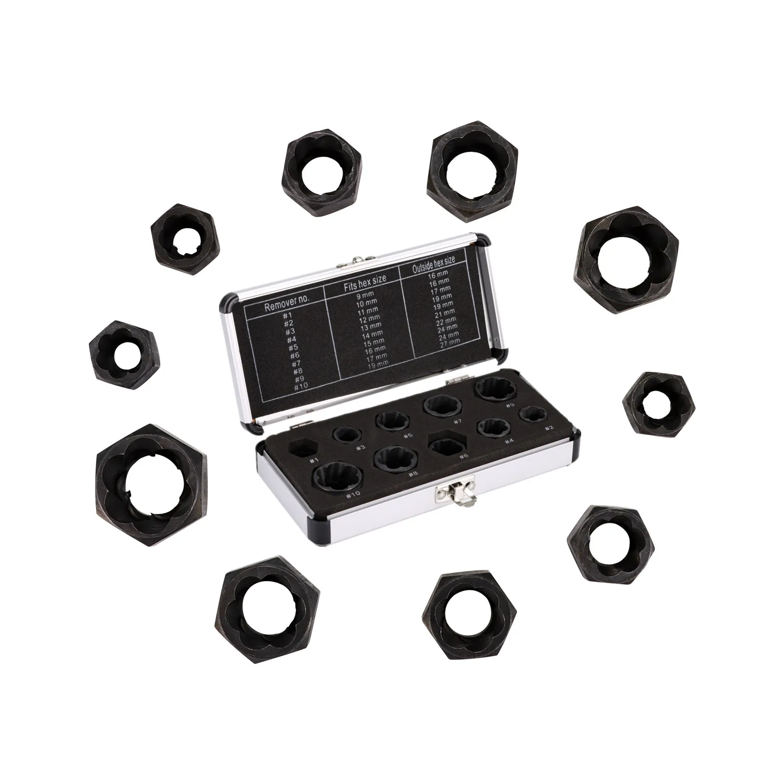 10pcs Nut Bolt Remover 9-19mm/0.35-0.75inch Nut Removal Tool Damaged Nut Bolt Extractor Multiple Sizes Nut Bolt Extractor Set
10pcs Nut Bolt Remover 9-19mm/0.35-0.75inch Nut Removal Tool Damaged Nut Bolt Extractor Multiple Sizes Nut Bolt Extractor Set