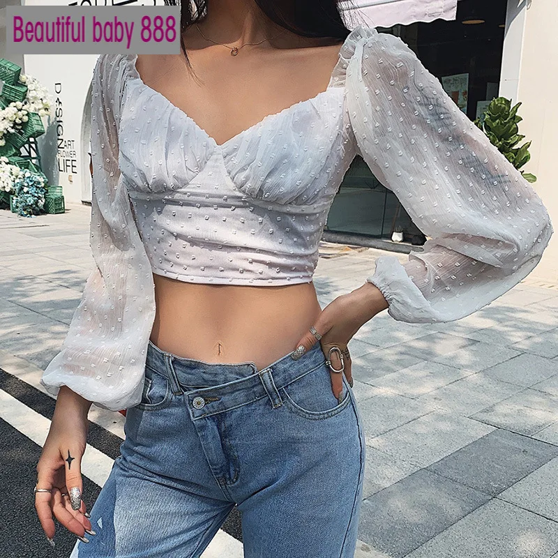 Meqeiss 2021 autumn New Women full lantern Sleeve Fashion Tshirts see through v-neck Streetwear short tops Female Top
Meqeiss 2021 autumn New Women full lantern Sleeve Fashion Tshirts see through v-neck Streetwear short tops Female Top