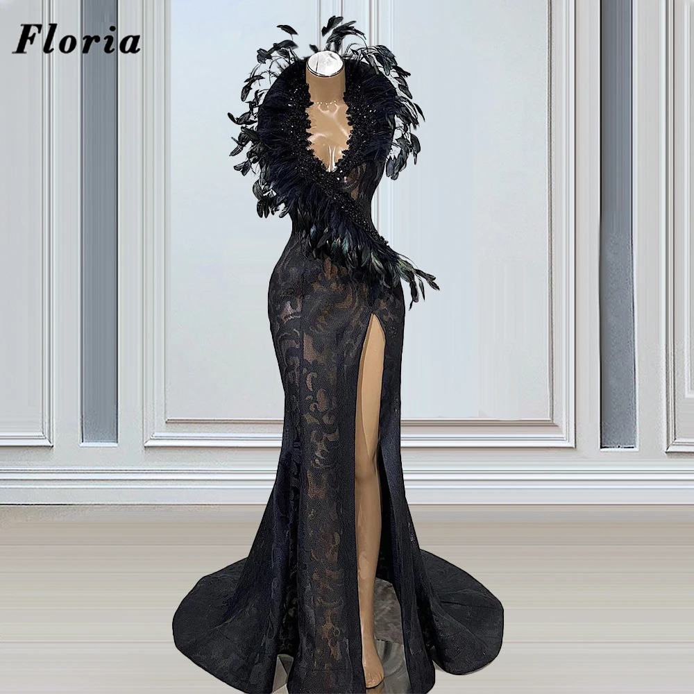 

Black Feathers Evening Dresses 2021 Robe De Soiree Saudi Arabic Illusion Long Beading Formal Party Gowns Dubai V Neck Prom Dress