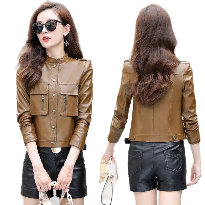 2021Autumn Leather Jacket Women Outwear Faux Leather Short Coats For Women Plus Size Slim Short Tops Women's Leather Jacket coat
2021Autumn Leather Jacket Women Outwear Faux Leather Short Coats For Women Plus Size Slim Short Tops Women's Leather Jacket coat