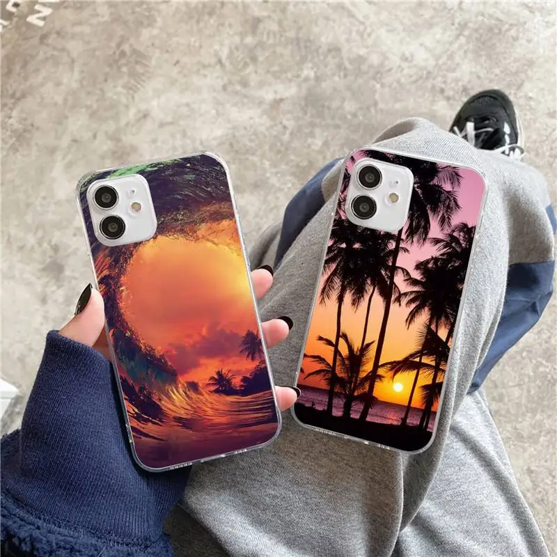 

Summer Beach Scene at Sunset on sea Palm Tree Phone Case For iphone 5s 6 7 8 11 12 plus xsmax xr pro mini se Cover Fundas Coque