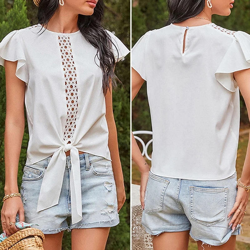 Women's Cut Flower Bandage Solid Color Slim Round Neck Hollow T-Shirt Ruffle Sleeve Fashion Tops
Women's Cut Flower Bandage Solid Color Slim Round Neck Hollow T-Shirt Ruffle Sleeve Fashion Tops