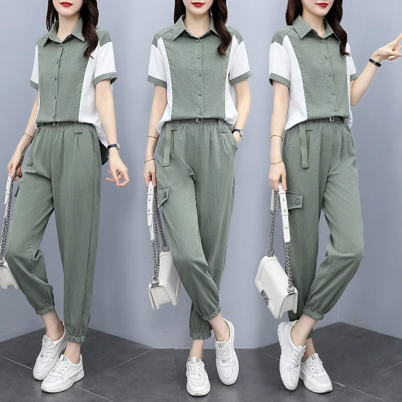 2021 Summer Fashion New Ladies Color Matching Shirt Top + Casual 9-Point Pants Sportswear Cotton And Linen Two-Piece Suit Trendy
2021 Summer Fashion New Ladies Color Matching Shirt Top + Casual 9-Point Pants Sportswear Cotton And Linen Two-Piece Suit Trendy