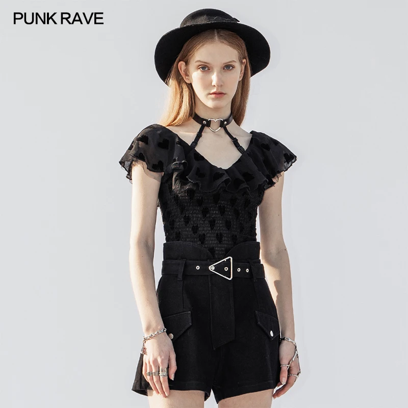 

PUNKRAVE Women's Punk Free Series V-neck Detachable Falbala Collar Short Sleeve Shirt Daily Wear Flocking Chiffon Blouses