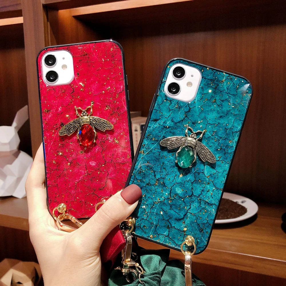 Luxury Diamond Bee Marble Glitter Silicone Case For Xiaomi Redmi Note 9 8 7 6 5 Pro 6A 5A 4A 4X Crossbody Shoulder Lanyard Cover | Мобильные