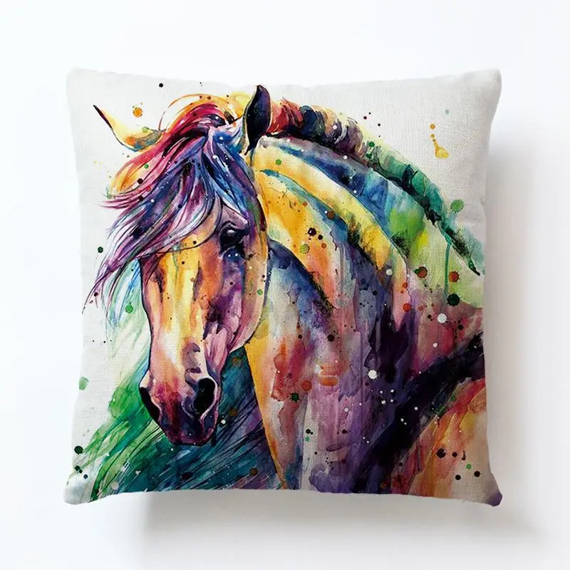 

Watercolor Horse Cushion Cover Decorative Cartoon Colorful Animals Pillowcase For Sofa Home Polyester Pillow Case 2pc/lot