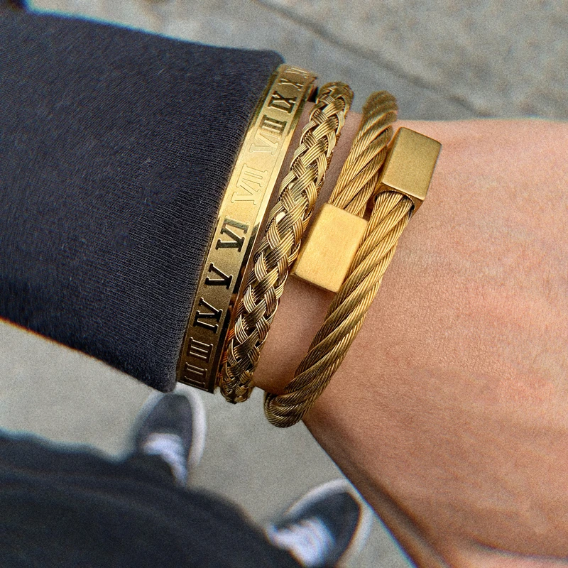 Luxury Stainless Steel Bracelet Hip Hop Men Jewelry Roman Number Charm Gold Color Jewelry For Men 3pcs/Set Pulseira Bileklik
Luxury Stainless Steel Bracelet Hip Hop Men Jewelry Roman Number Charm Gold Color Jewelry For Men 3pcs/Set Pulseira Bileklik