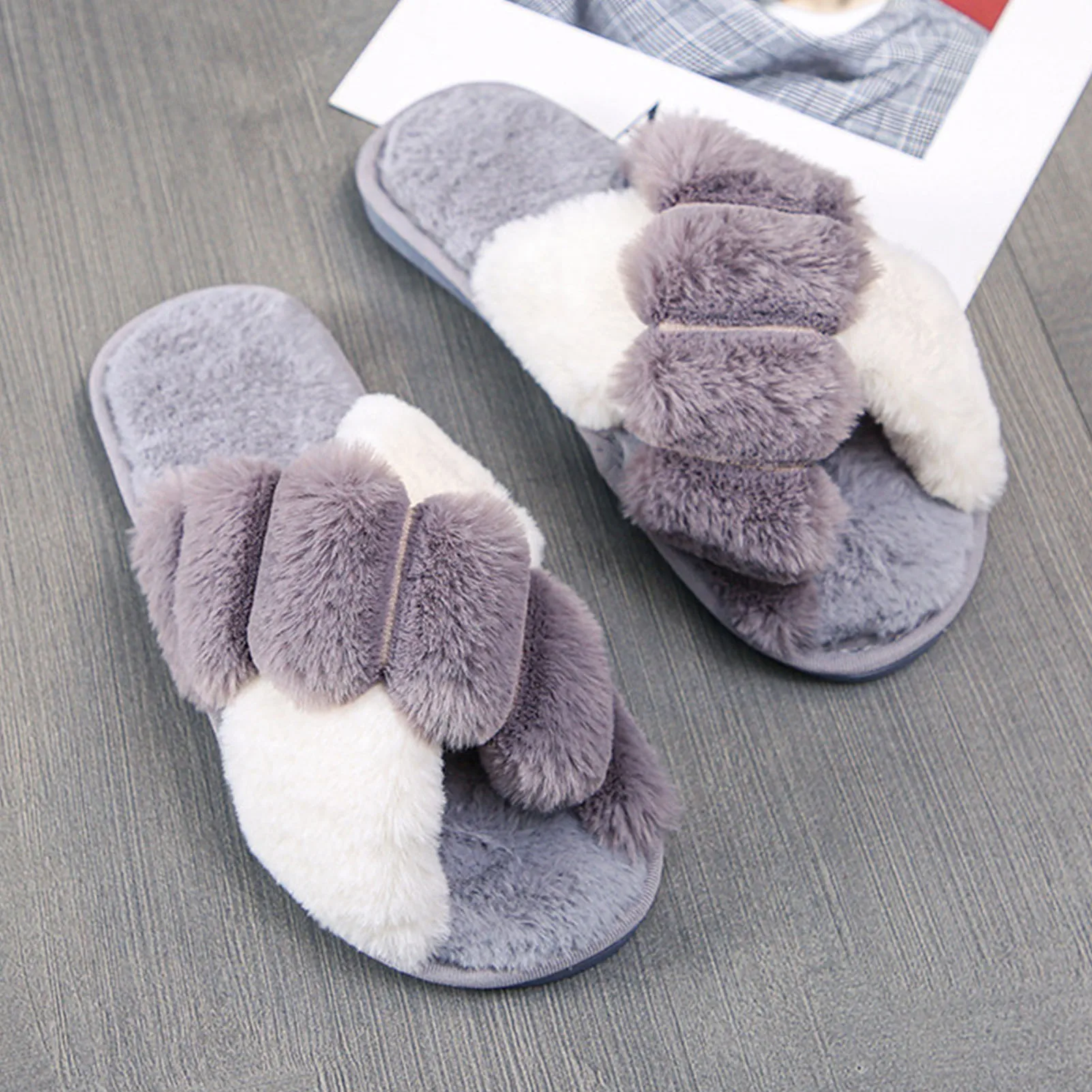 

Warm Fluffy Slippers Women Faux Fur Cross Indoor Floor Slides Flat Soft Furry Shoes Ladies Female Non Slip House Shoes Whosale