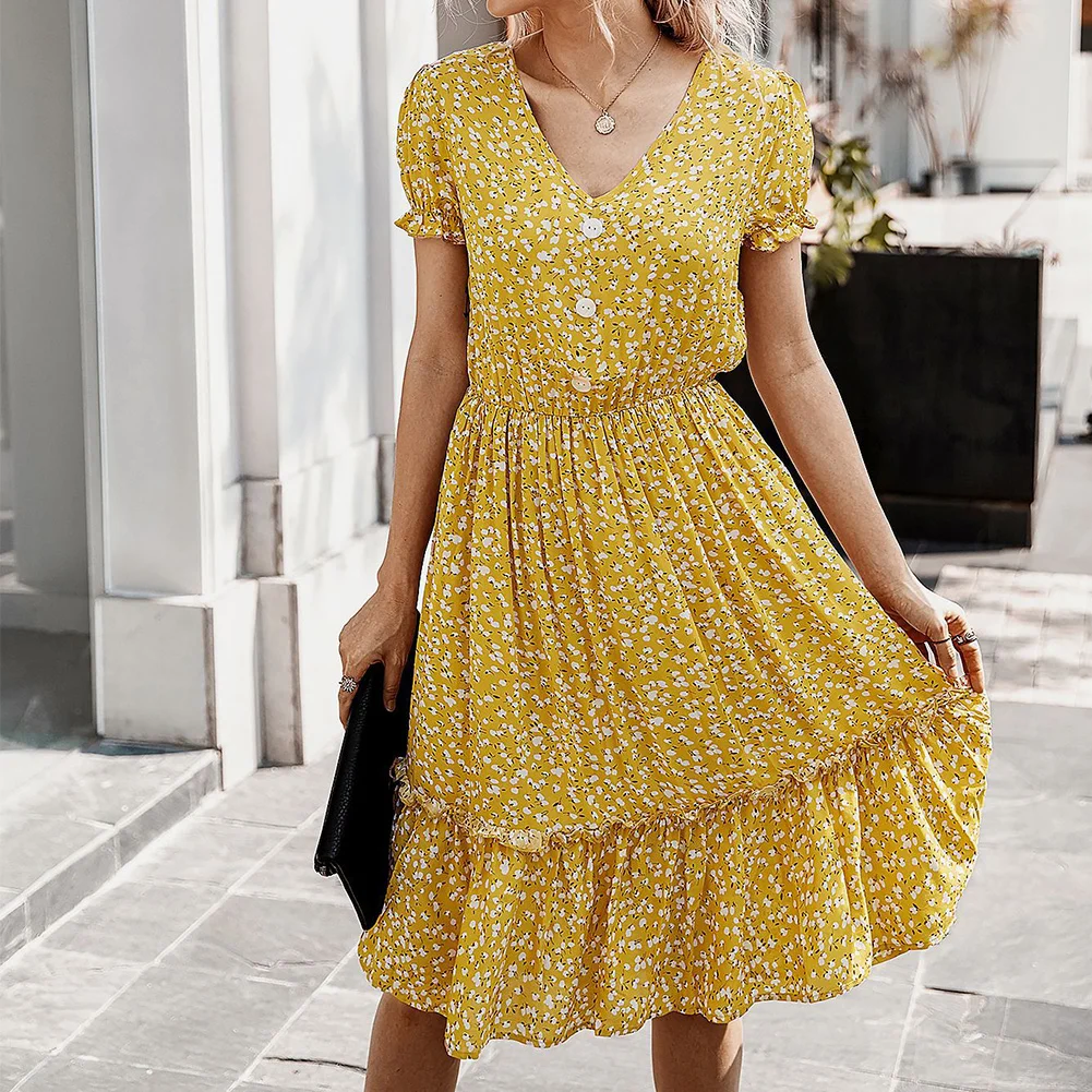 Women's Floral V-neck Dress Short Sleeve High Waist Flowy Dress for Party Beach Summer FS99
Women's Floral V-neck Dress Short Sleeve High Waist Flowy Dress for Party Beach Summer FS99