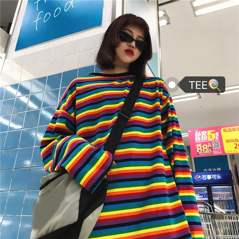 Women T-shirt Spring 2020 Rainbow Striped Female T-shirt Long Sleeve Harakuju Female T-shirts Loose Women Pullover Tops
Women T-shirt Spring 2020 Rainbow Striped Female T-shirt Long Sleeve Harakuju Female T-shirts Loose Women Pullover Tops