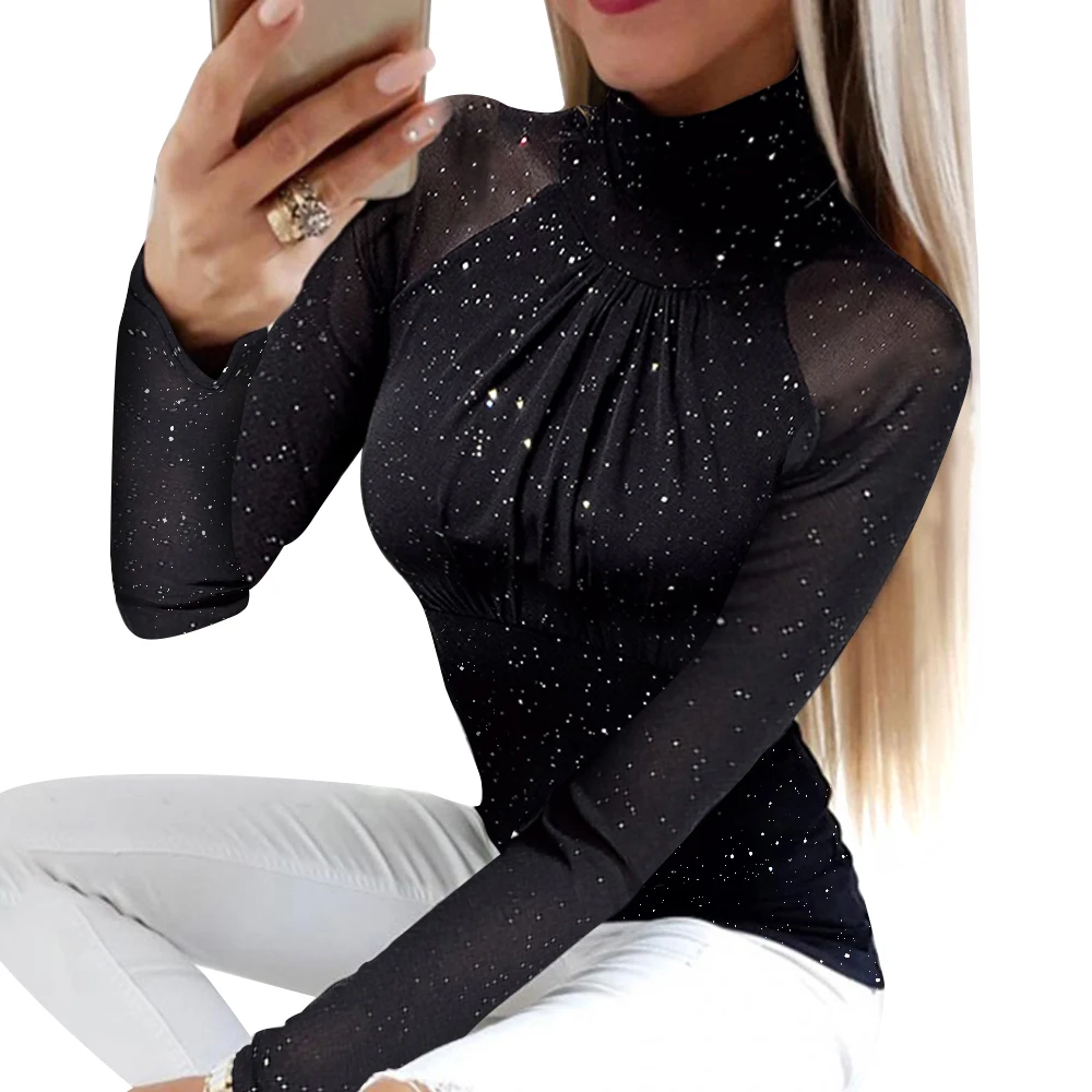 Women Mesh Shoulder Bling Bling Night Club Tops Half High Collar Casual Tee Spring Autumn Long Sleeve Knitted Slim Fit Pullover
Women Mesh Shoulder Bling Bling Night Club Tops Half High Collar Casual Tee Spring Autumn Long Sleeve Knitted Slim Fit Pullover