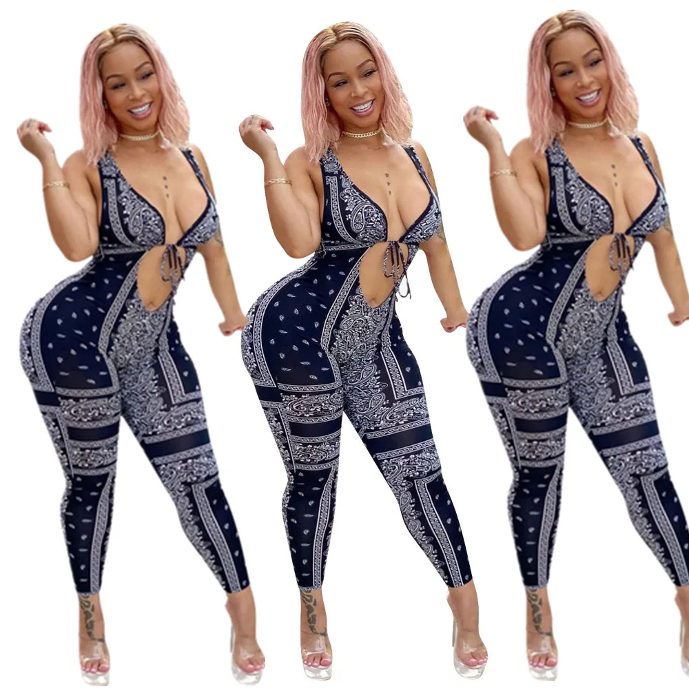 Nightclub Style Women's Clothing Fashion Temperament Pattern Printing Deep V Sling Sexy Bandage Hollow Skinny Party Jumpsuit
Nightclub Style Women's Clothing Fashion Temperament Pattern Printing Deep V Sling Sexy Bandage Hollow Skinny Party Jumpsuit