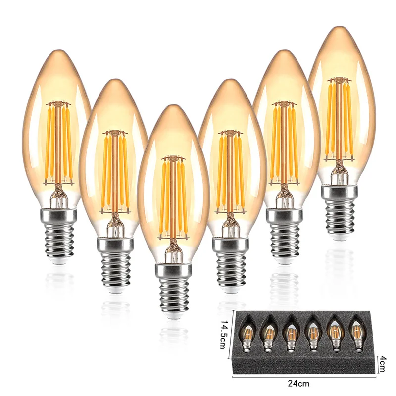 

10 шт. C35 4 Вт 220 В E14, ретро лампы с лампочками с нитью накаливания, лампочка с теплым освещением, 2200K, лампочки в виде свечи из янтарного стекла, декоративные лампочки для дома