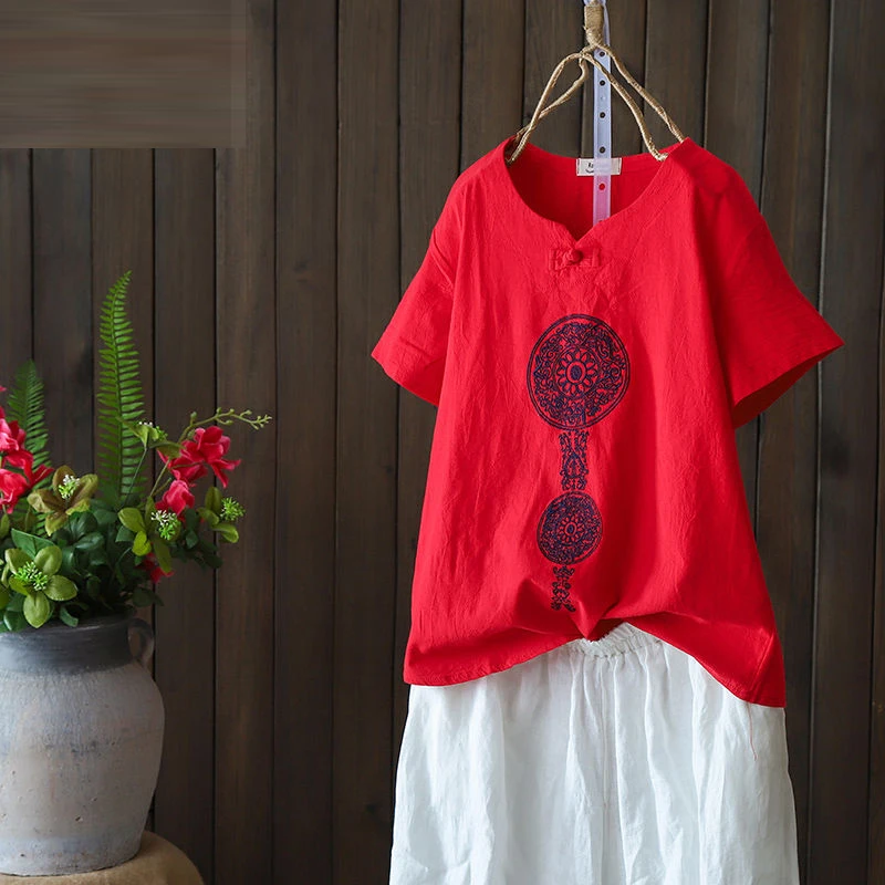 New Arrival Summer Women Short Sleeve Loose Tshirt Vintage Button V-neck Tops Embroidery Cotton Linen Tee Shirt Plus Size D344
New Arrival Summer Women Short Sleeve Loose Tshirt Vintage Button V-neck Tops Embroidery Cotton Linen Tee Shirt Plus Size D344