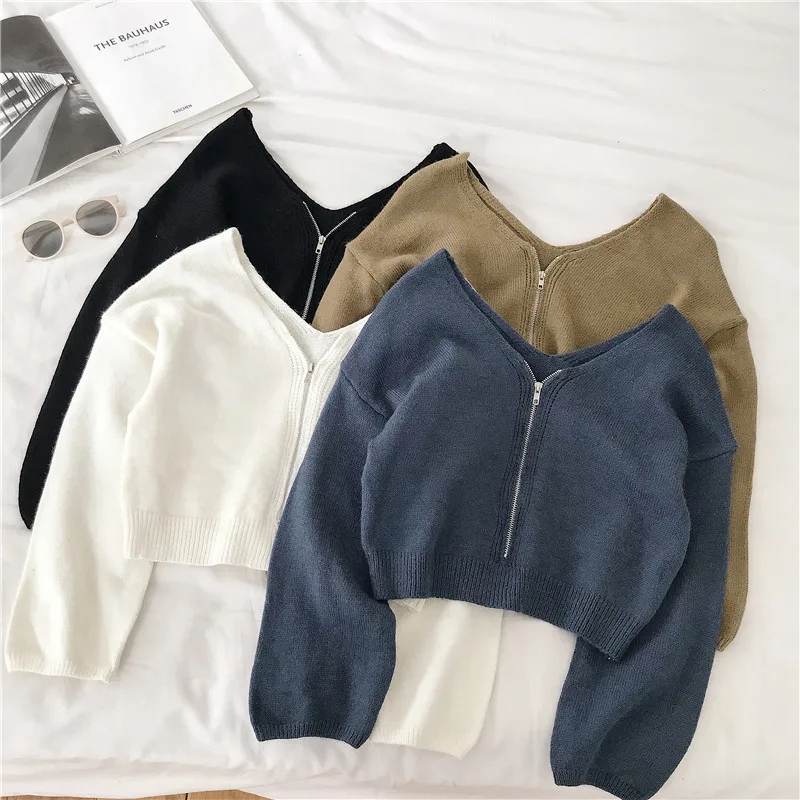 Autumn Winter Women's Sweater Korean Wild Pure Color Zipper Knit Sweater New Slimming Lantern Sleeve Short Sweater Tops LL873
Autumn Winter Women's Sweater Korean Wild Pure Color Zipper Knit Sweater New Slimming Lantern Sleeve Short Sweater Tops LL873