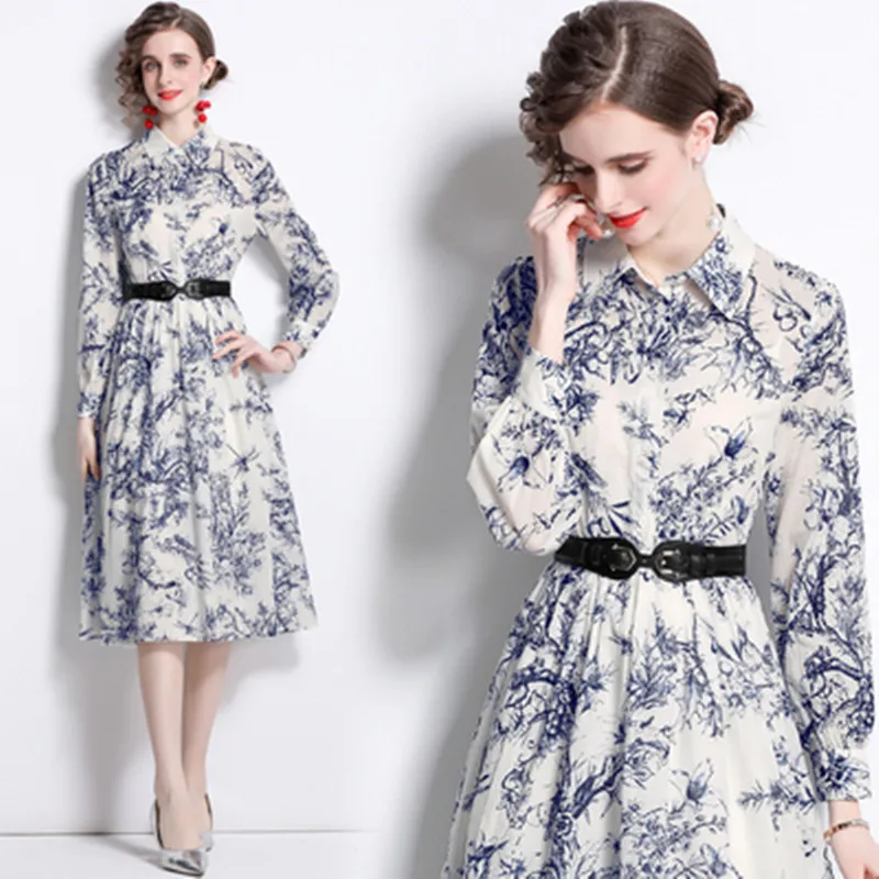 High-End Lapel Collar Vintage Print Shirt Dress Women's Spring Long Sleeve Runway Pleated A-Line Midi Dress Robe With Belt
High-End Lapel Collar Vintage Print Shirt Dress Women's Spring Long Sleeve Runway Pleated A-Line Midi Dress Robe With Belt