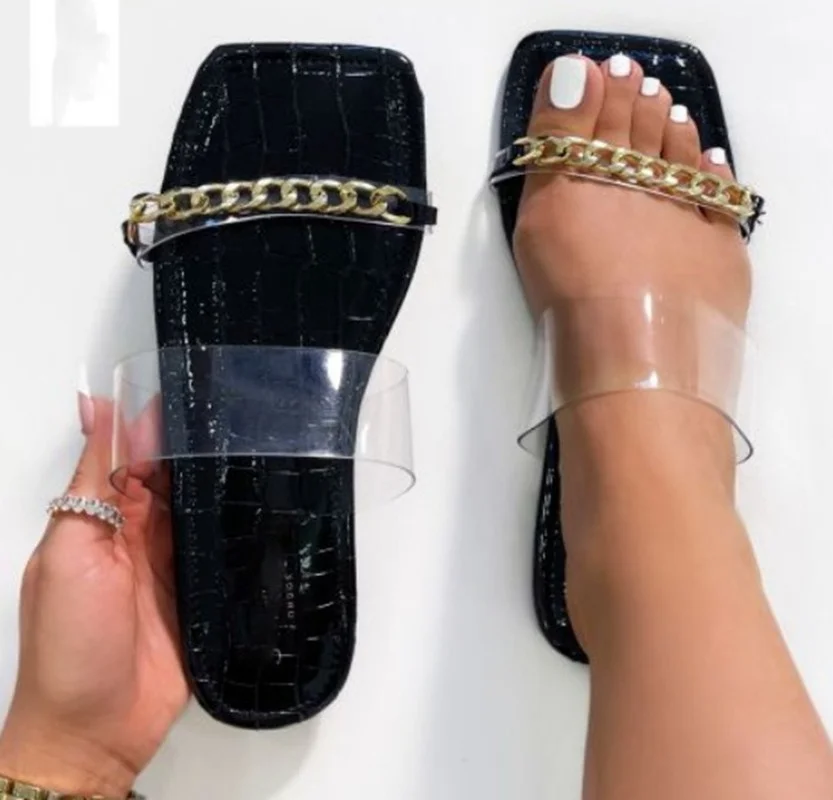 

Double Belt Chain Jelly Shoes Clear Slides Woman Flat Outdoor Sandals Pantoffels Dames Dames Schoenen Chanclas Mujer Verano