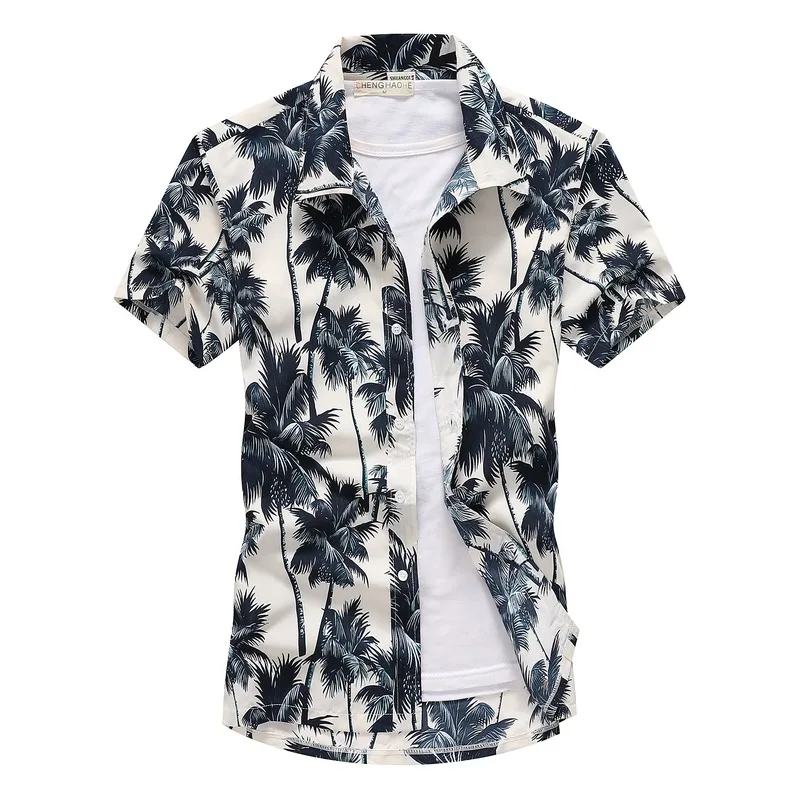 New Men's Beach Shirt Surfing Quick-drying Short-sleeved Floral Shirt Coconut Palm Beach Hawaii Loose Print Shirt