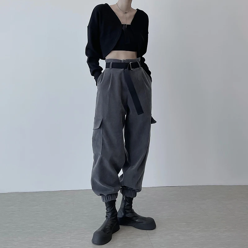 

Instagram web celebrity new women's fashion high waist and belt grey casual cargo pants