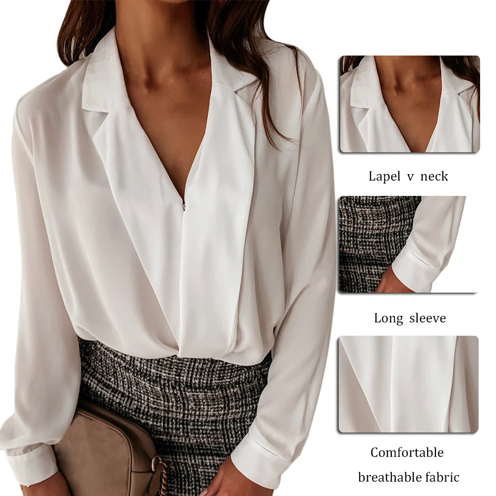 Womens Blouse Shirt Long Sleeve Stand Collar Solid Color Loose Blouse Deep V Neck Fashion Office Shirts Autumn 
Womens Blouse Shirt Long Sleeve Stand Collar Solid Color Loose Blouse Deep V Neck Fashion Office Shirts Autumn