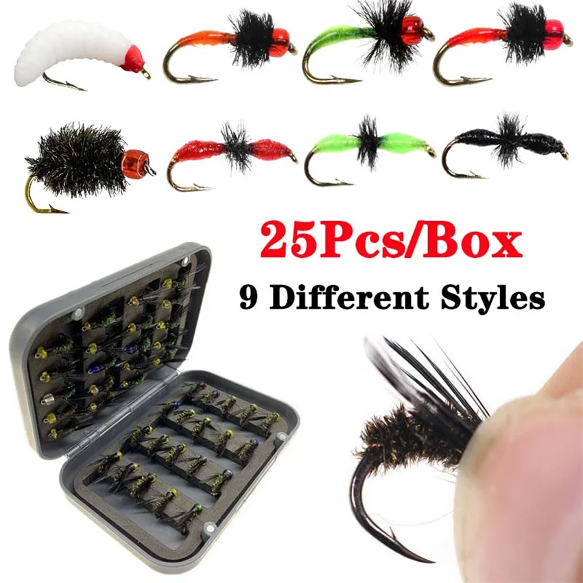 25Pcs/Box 9 Different Styles Fishing Flies Set Wet Dry Nymph Fly Hand Tied Flies for Trout Pike Grayling Fly Lure Kit
25Pcs/Box 9 Different Styles Fishing Flies Set Wet Dry Nymph Fly Hand Tied Flies for Trout Pike Grayling Fly Lure Kit
