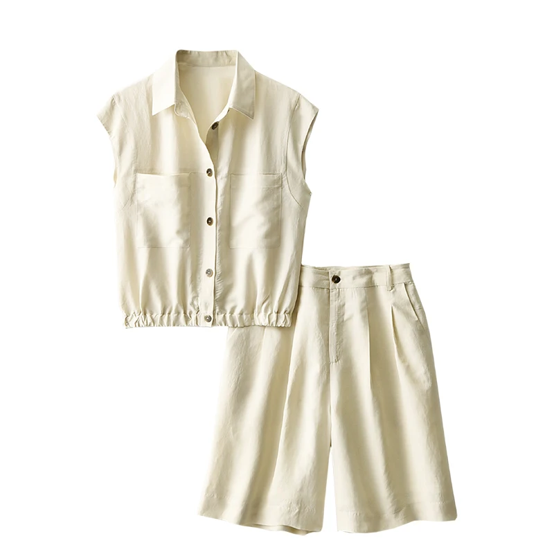 Shuchan Summer 2 Piece Set Safari Style Pockets Top with Sleeveless+half Pants Linen Tencel/Lyocell Blend Loose Suit Solid 
Shuchan Summer 2 Piece Set Safari Style Pockets Top with Sleeveless+half Pants Linen Tencel/Lyocell Blend Loose Suit Solid