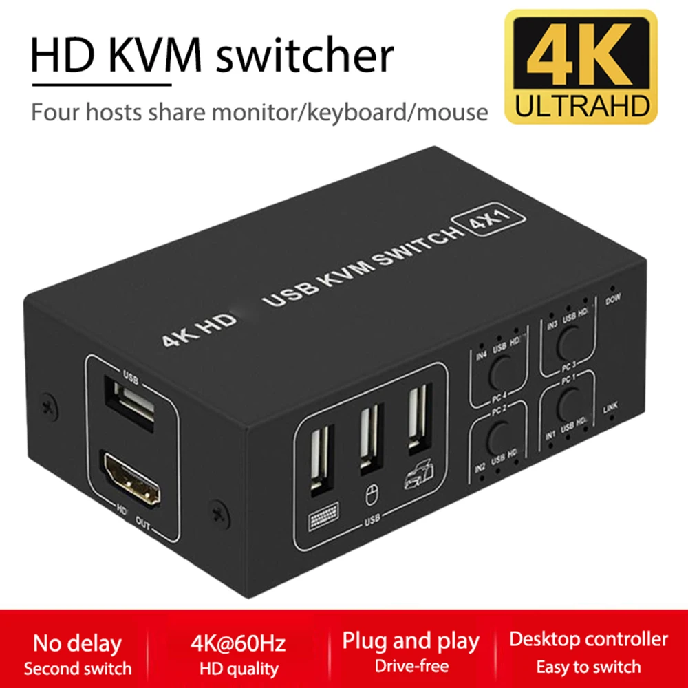 New Arrival 4K USB KVM Switch Box 4 Ports 4K HDMI-Compatible USB KVM Switch Support PC Printer Wireless Keyboard Mouse
New Arrival 4K USB KVM Switch Box 4 Ports 4K HDMI-Compatible USB KVM Switch Support PC Printer Wireless Keyboard Mouse