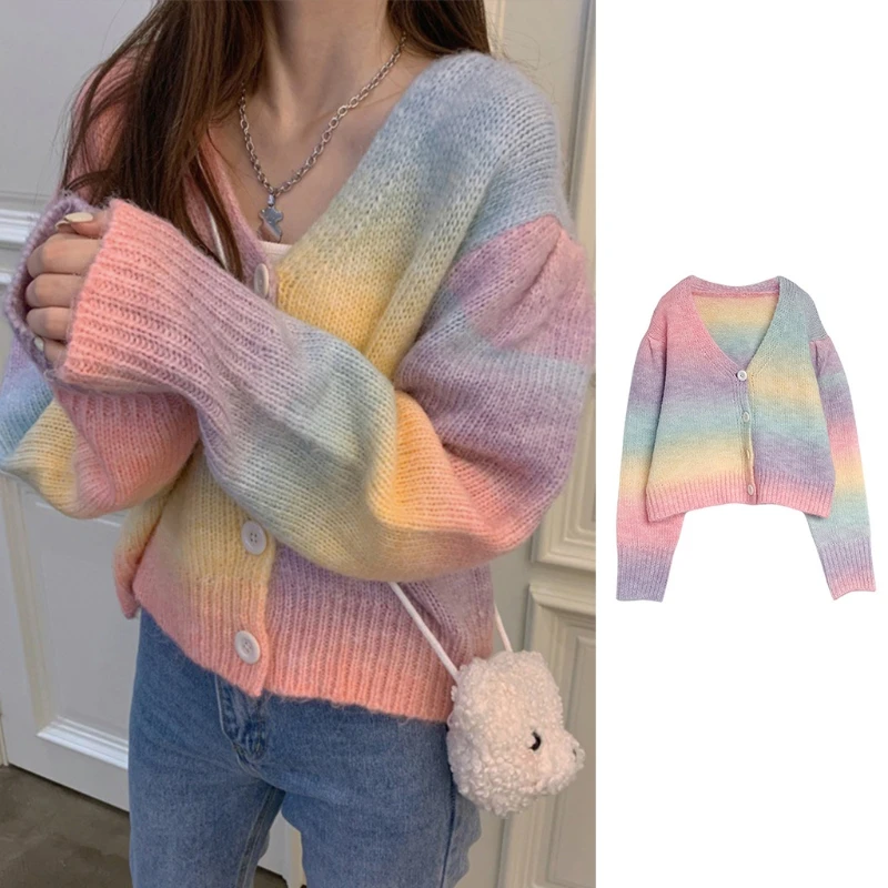 Women Long Sleeve Rainbow Knitted Sweater Sexy V-neck Loose Pullover Jumper Cardigan Female Spring Autumn Tops Streetwear
Women Long Sleeve Rainbow Knitted Sweater Sexy V-neck Loose Pullover Jumper Cardigan Female Spring Autumn Tops Streetwear
