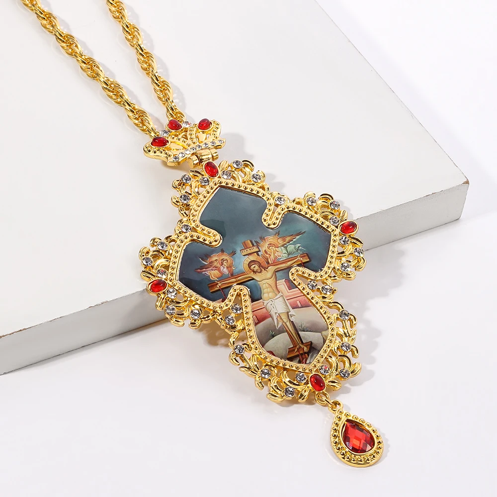 

Religious Necklace Crown Pectoral Cross Orthodox Jesus Crucifix Necklace Crystal Men Women Chain Pendant Long Necklace With Box
