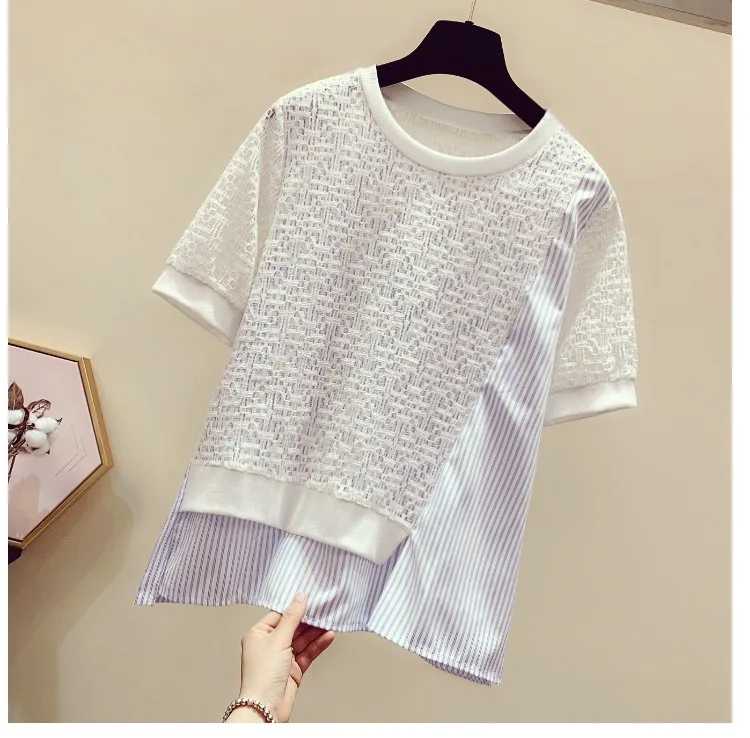 2021 Summer Irregular Lace Patchwork Stripes Short-Sleeved T-shirt New Korean Women Top Loose Half-Sleeved Round Neck Shirt
2021 Summer Irregular Lace Patchwork Stripes Short-Sleeved T-shirt New Korean Women Top Loose Half-Sleeved Round Neck Shirt