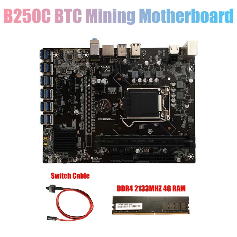 B250C BTC Mining Motherboard+DDR4 4G 2133Mhz RAM+Switch Cable 12XPCIE to USB3.0 GPU Slot LGA1151 Computer Motherboard
B250C BTC Mining Motherboard+DDR4 4G 2133Mhz RAM+Switch Cable 12XPCIE to USB3.0 GPU Slot LGA1151 Computer Motherboard