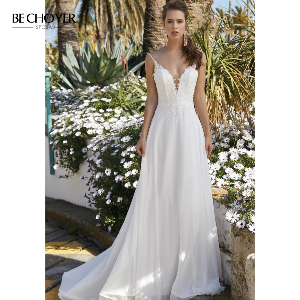 Vestido de Noiva Пляжное свадебное платье с аппликацией v образный вырез на тонких