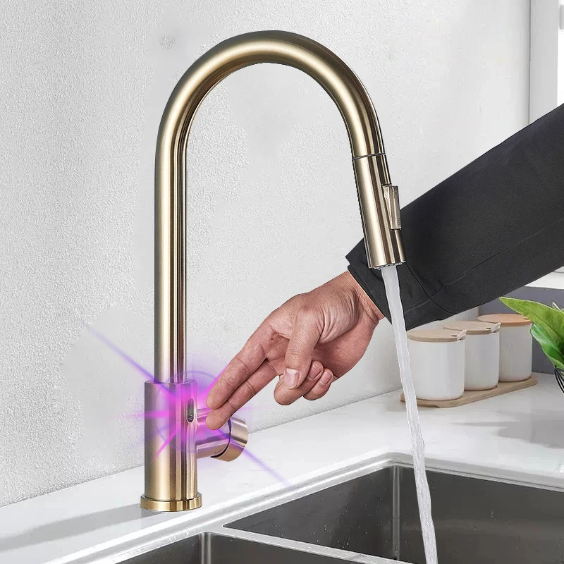 

Brushed Golden Smart Sensor Kitchen Faucet Pull Out Sprayer Kitchen Faucet Stream/Spray Mode Rotate Mixer Tap Hot Cold Water