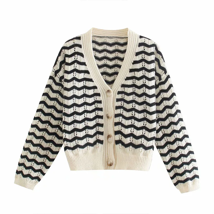 2021 New Street Fashion Wave Pattern Hollow Knit Cardigan Ladies Long Sleeve Cardigan V-neck Single-breasted Sweater
2021 New Street Fashion Wave Pattern Hollow Knit Cardigan Ladies Long Sleeve Cardigan V-neck Single-breasted Sweater