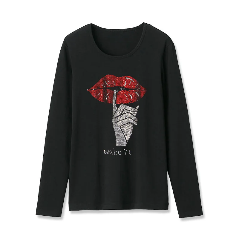 2022 Spring Autumn New Fashion black long sleeve T-shirt women Kiss lips pattern Hot diamonds Loose Casual o-neck tops female
2022 Spring Autumn New Fashion black long sleeve T-shirt women Kiss lips pattern Hot diamonds Loose Casual o-neck tops female