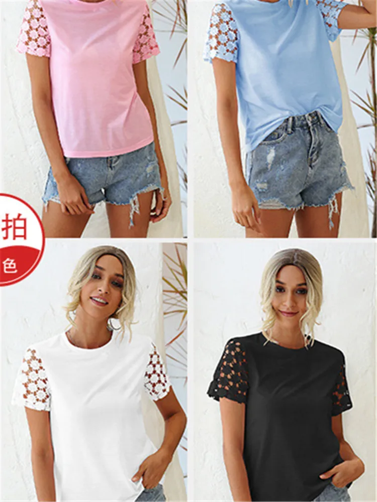 2021 Europe and the United States women's summer dress hook flower circle hollow sleeve pure color T-shirt
2021 Europe and the United States women's summer dress hook flower circle hollow sleeve pure color T-shirt
