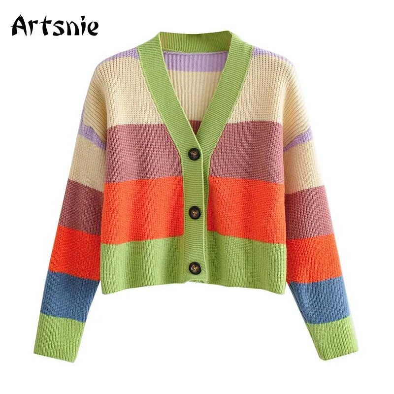 Artsnie Streetwear Rainbow Patchwork cardigan Women Autumn V Neck Single Breasted Long Sleeve Pull Femme Ladies Casual Sweaters
Artsnie Streetwear Rainbow Patchwork cardigan Women Autumn V Neck Single Breasted Long Sleeve Pull Femme Ladies Casual Sweaters