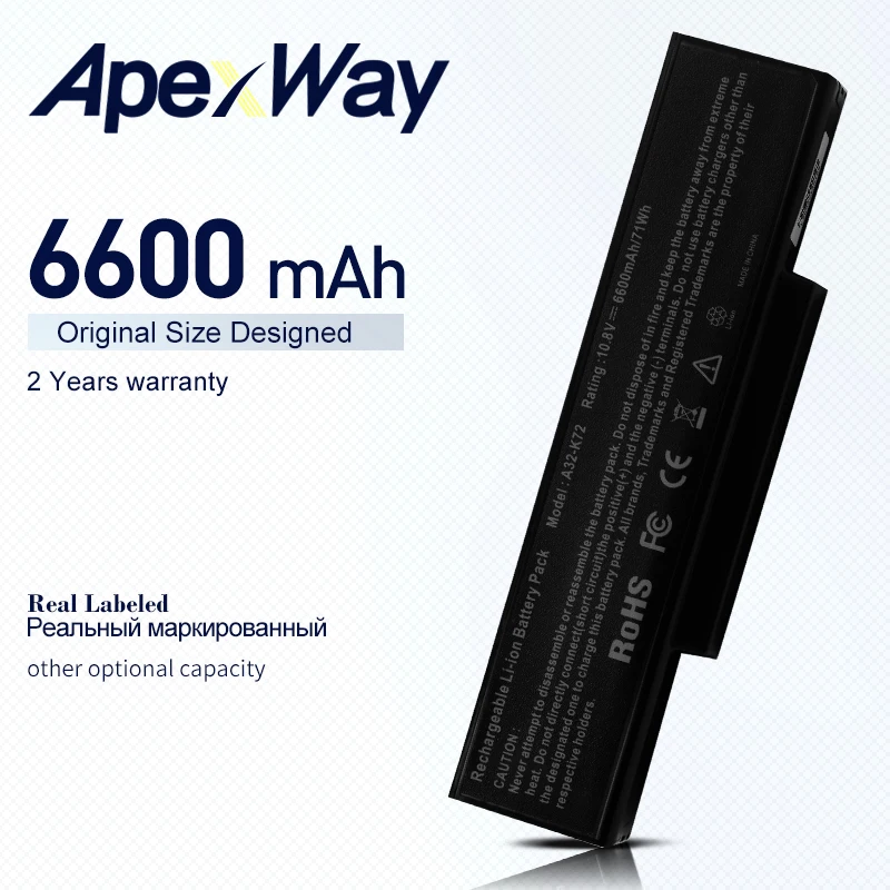 ApexWay 6600mAh Laptop battery for ASUS A32-K72 N71 N71J N71JA N71JQ N71JV N71V N71VG A32-N71 70-NX01B1000Z 70-NXH1B1000Z
ApexWay 6600mAh Laptop battery for ASUS A32-K72 N71 N71J N71JA N71JQ N71JV N71V N71VG A32-N71 70-NX01B1000Z 70-NXH1B1000Z