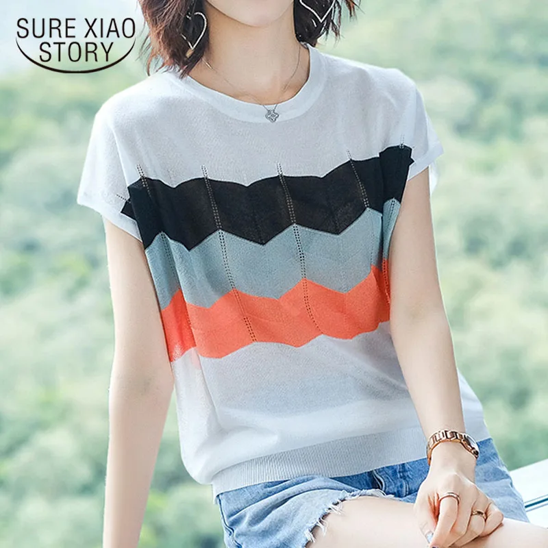 2020 Summer New Style Korean Women Short Sleeve Clothes Thin Knitted Pullover Ice Silk Blouse Candy Color Striped Blouse 9627
2020 Summer New Style Korean Women Short Sleeve Clothes Thin Knitted Pullover Ice Silk Blouse Candy Color Striped Blouse 9627