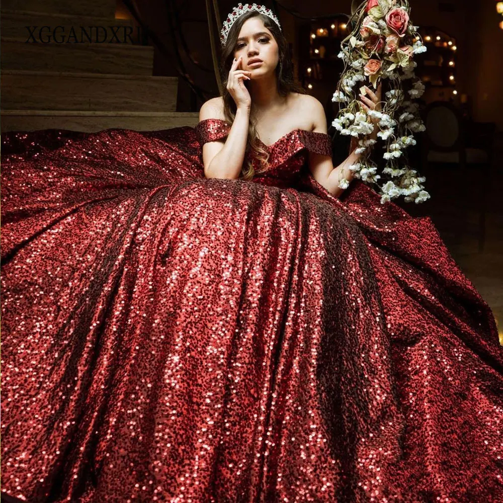 Sparkly Quinceanera Dresses 2023 V Neck Off Shoulder Wine Red Sequin Sweet 15 16 Birthday Party Gown Lace Up Backless Gala Dress
Sparkly Quinceanera Dresses 2023 V Neck Off Shoulder Wine Red Sequin Sweet 15 16 Birthday Party Gown Lace Up Backless Gala Dress