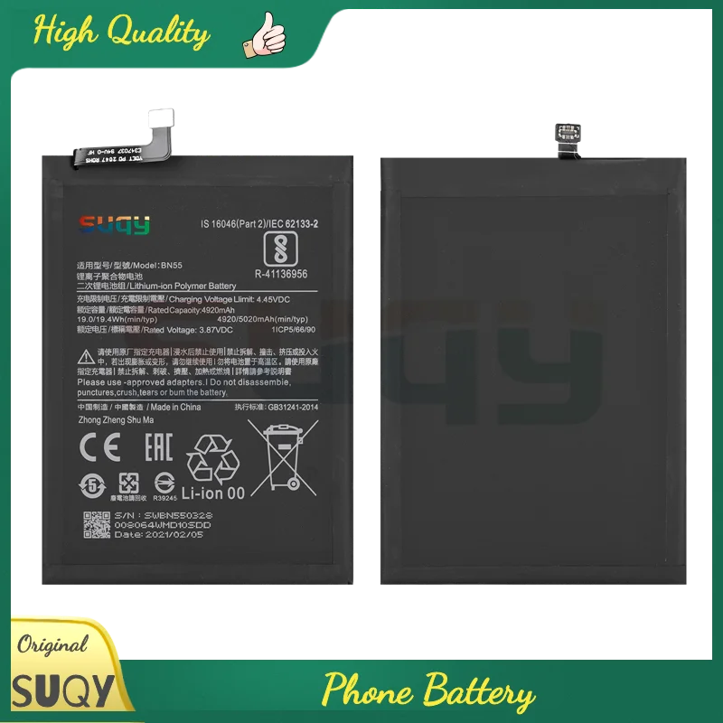 Phone Battery for xiaomi Redmi Note 9S 5020mAh BN55 Bateria for Redmi Note 9S Battery Replacement Batterie for Note 9s Batteria
Phone Battery for xiaomi Redmi Note 9S 5020mAh BN55 Bateria for Redmi Note 9S Battery Replacement Batterie for Note 9s Batteria