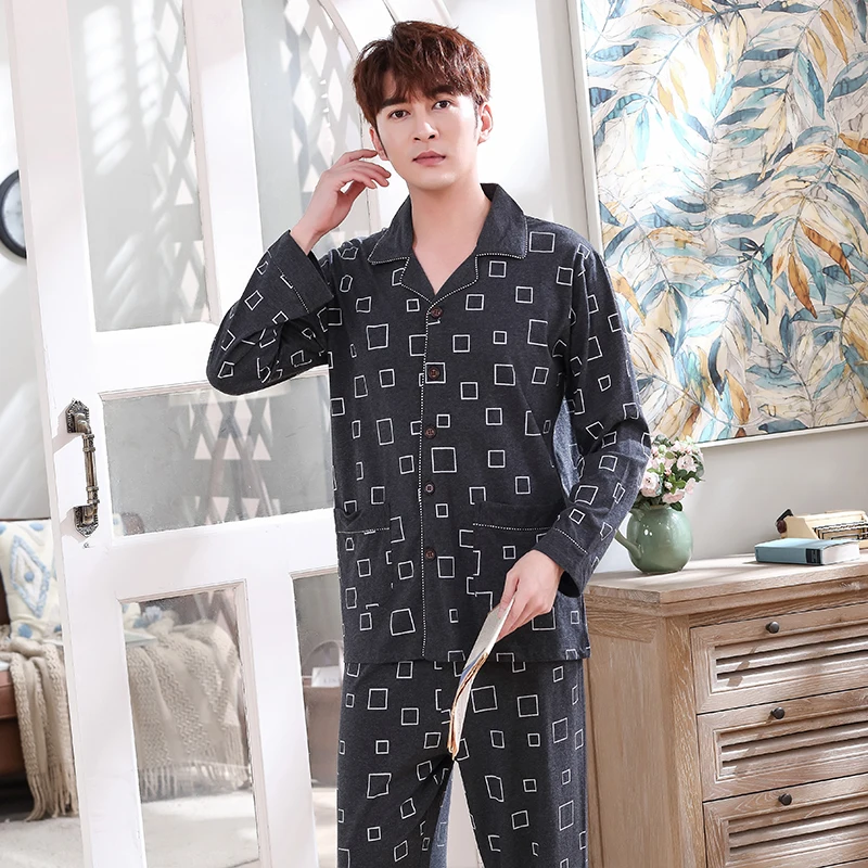 

Мужская одежда с геометрическим рисунком, мужской пижамный комплект, одежда для сна из чистого хлопка с длинными рукавами в Корейском стиле...
