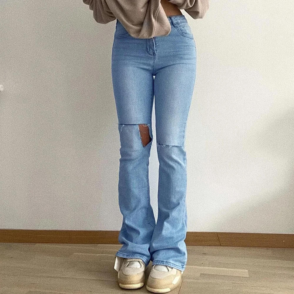 Stretch Ripped Jeans Women Broken Denim Flared Pants Boot Cut Wide Leg Knee Hole Female Torn Trousers Cowboy Bell Bottom Stylish
Stretch Ripped Jeans Women Broken Denim Flared Pants Boot Cut Wide Leg Knee Hole Female Torn Trousers Cowboy Bell Bottom Stylish