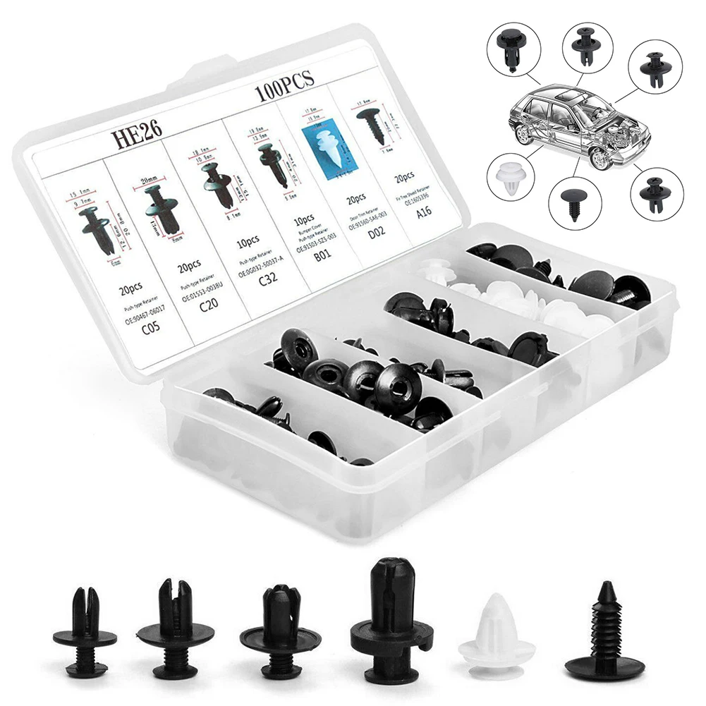 100 pcs Clips Auto Car Fender Liner Fastener Bumper Interior Trim Retainer Push Clip Pin Black Nylon with Plastic Box Set
100 pcs Clips Auto Car Fender Liner Fastener Bumper Interior Trim Retainer Push Clip Pin Black Nylon with Plastic Box Set