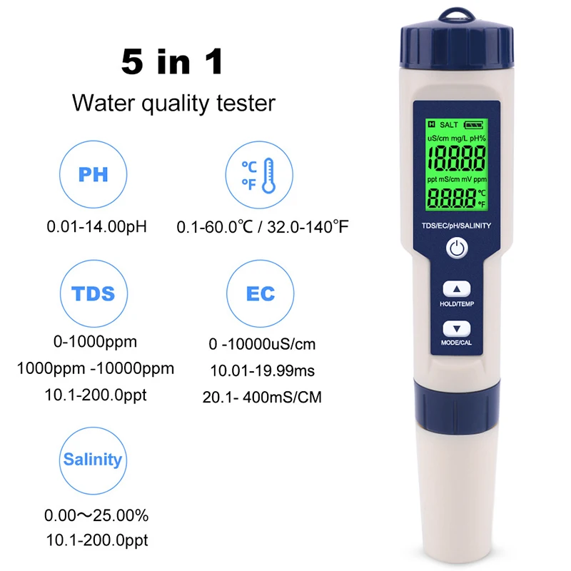 Измеритель солености/температуры 5 в 1, TDS/EC/PH/цифровой монитор качества воды, тестер для бассейнов, питьевой воды, аквариумов
Измеритель солености/температуры 5 в 1, TDS/EC/PH/цифровой монитор качества воды, тестер для бассейнов, питьевой воды, аквариумов