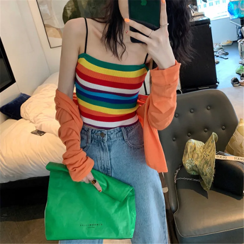 Korean Women's Summer Color Contrast Rainbow Stripe Suspender Vest Women's Net Red with Navel Exposed and Slim
Korean Women's Summer Color Contrast Rainbow Stripe Suspender Vest Women's Net Red with Navel Exposed and Slim