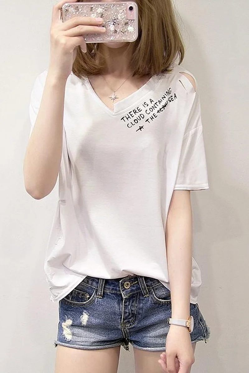 Houthion Summer Loose All-match V-neck Short-sleeved Women's T-shirt New Fashion Temperament Casual Hole Letter Print Top
Houthion Summer Loose All-match V-neck Short-sleeved Women's T-shirt New Fashion Temperament Casual Hole Letter Print Top